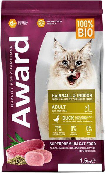 Сухой корм для кошек Award Adult Hairball & Indoor (для выведения шерсти с уткой и индейкой с добавлением