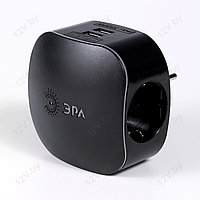 Разветвитель на 3 розетки + 2 USB с заземлением со шторками 16А чёрный