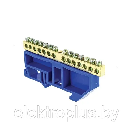 Шина "0" N (8х12мм) 14 отверстий латунь синий изолятор на DIN-рейку EKF PROxima, фото 2