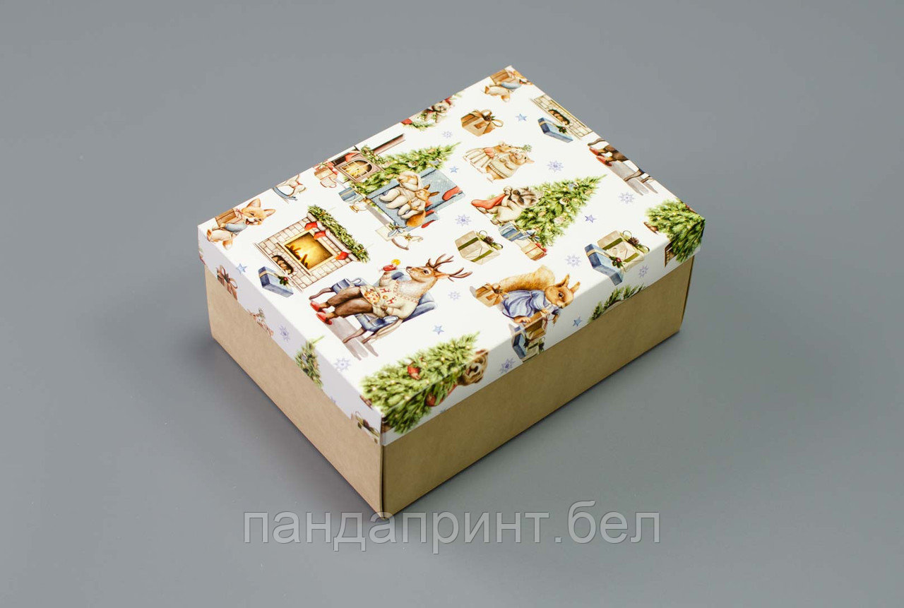 Коробка 270х190х100 Новогодний камин с зверятами (крафт дно)