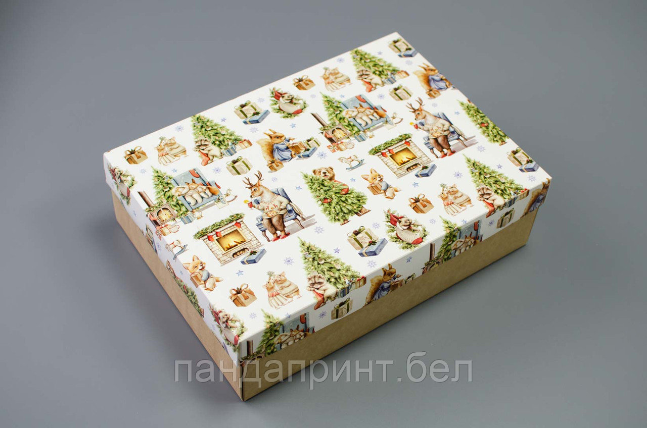 Коробка 350х250х100 Новогодний камин с зверятами (крафт дно)
