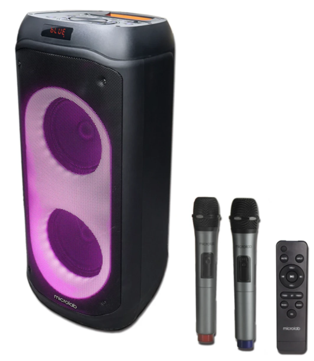 Портативная колонка Microlab PT802, 200 Вт, Bluetooth, USB, AUX, FM-радио, караоке, 2 беспроводных микрофона