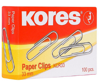 Скрепки "Kores", 33 мм, 100 шт, серебристый. Цена указана без учета НДС 20%!