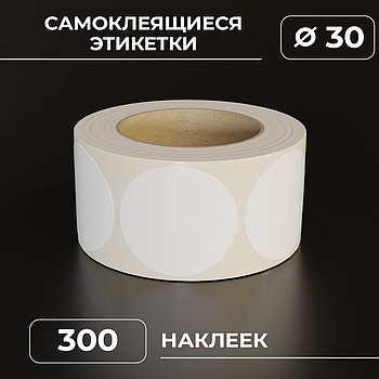 Круглые самоклеящиеся наклейки / этикетки в виде круга (D 30 мм), цвет белый, пленка, 300 шт в ролике. (c НДС)