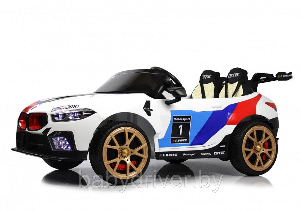 Детский электромобиль RiverToys F555FF (белый) BMW Двухместный, Коврик, Чехол, Функция качалки