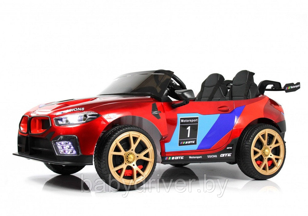 Детский электромобиль RiverToys F555FF (красный глянец) BMW Двухместный , Коврик, Чехол, Функция качалки