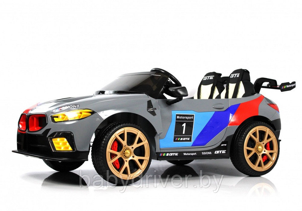 Детский электромобиль RiverToys F555FF (серый глянец) BMW Двухместный, Коврик, Чехол, Функция качалки