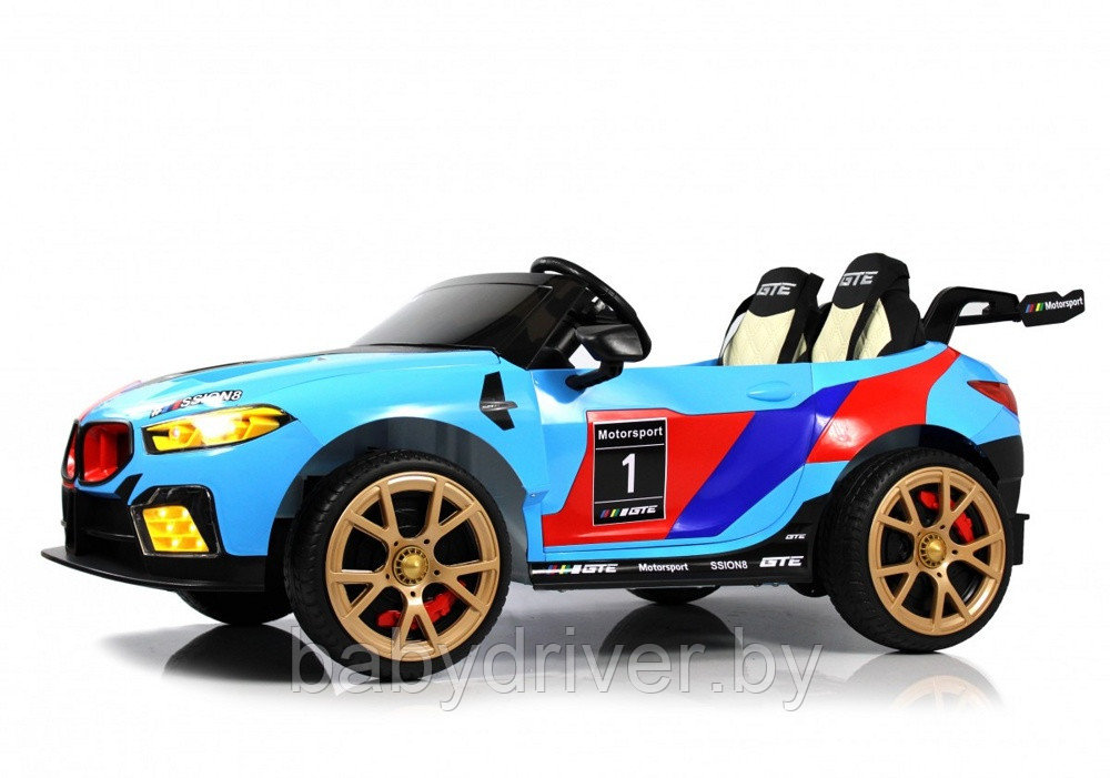 Детский электромобиль RiverToys F555FF (синий глянец) BMW Двухместный, Коврик, Чехол, Функция качалки