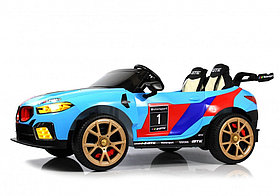 Детский электромобиль RiverToys F555FF (синий глянец) BMW Двухместный, Коврик, Чехол, Функция качалки