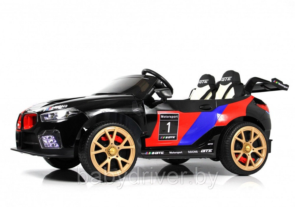 Детский электромобиль RiverToys F555FF (черный глянец) BMW Двухместный, Коврик, Чехол, Функция качалки