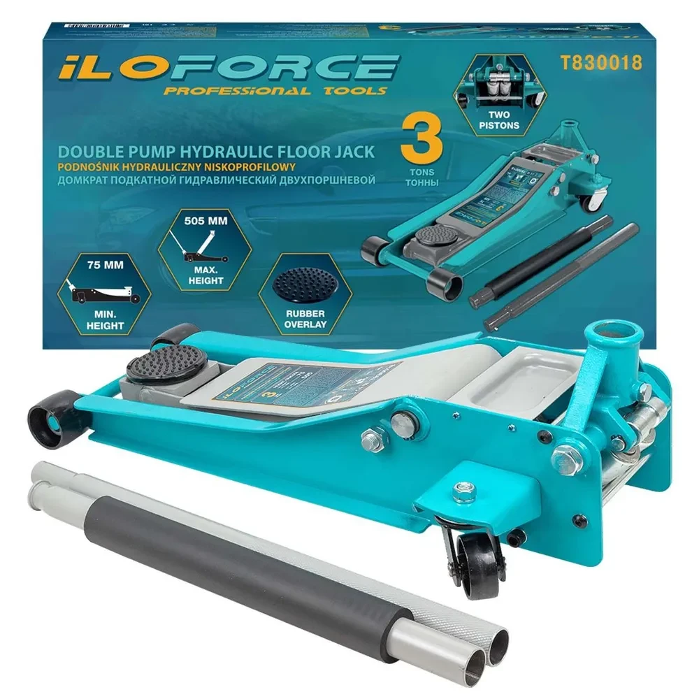 Домкрат подкатной гидравлический низкопрофильный двухпоршневой 3т (h min 75мм, h max 505мм)ILOforce IF-T830018