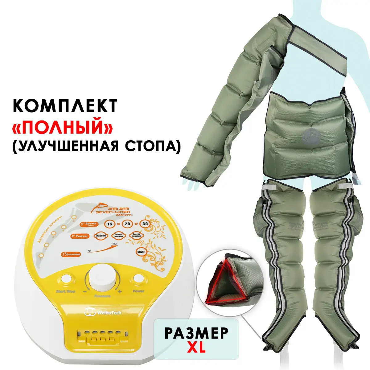 WelbuTech Seven Liner Zam-200 Аппарат для лимфодренажа, прессотерапии, массажа (полный комплект), размер XL