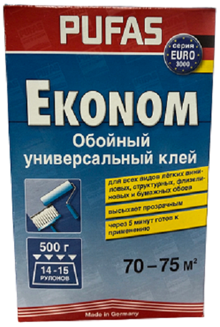 Клей для обоев PUFAS ЭКОНОМ универсальный EURO 3000 (до 75 м2) 500 г, фото 2