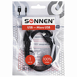 Кабель USB 2.0-micro USB, 1 м, SONNEN, медь, для передачи данных и зарядки, черный, 513115, фото 2