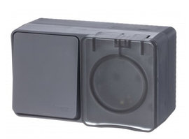 AtlasDesign Profi54 О/У БЛОК: РОЗЕТКА з/к со шторками 16А 250B, ВЫКЛЮЧАТЕЛЬ 1-клавишный 10А, АНТРАЦИТ