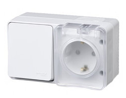 AtlasDesign Profi54 О/У БЛОК: РОЗЕТКА з/к со шторками 16А 250B, ВЫКЛЮЧАТЕЛЬ 1-клавишный 10А, БЕЛЫЙ