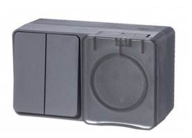 AtlasDesign Profi54 О/У БЛОК: РОЗЕТКА з/к со шторками 16А 250B, ВЫКЛЮЧАТЕЛЬ 2-клавишный 10А, АНТРАЦИТ