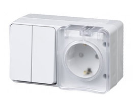 AtlasDesign Profi54 О/У БЛОК: РОЗЕТКА з/к со шторками 16А 250B, ВЫКЛЮЧАТЕЛЬ 2-клавишный 10А, БЕЛЫЙ