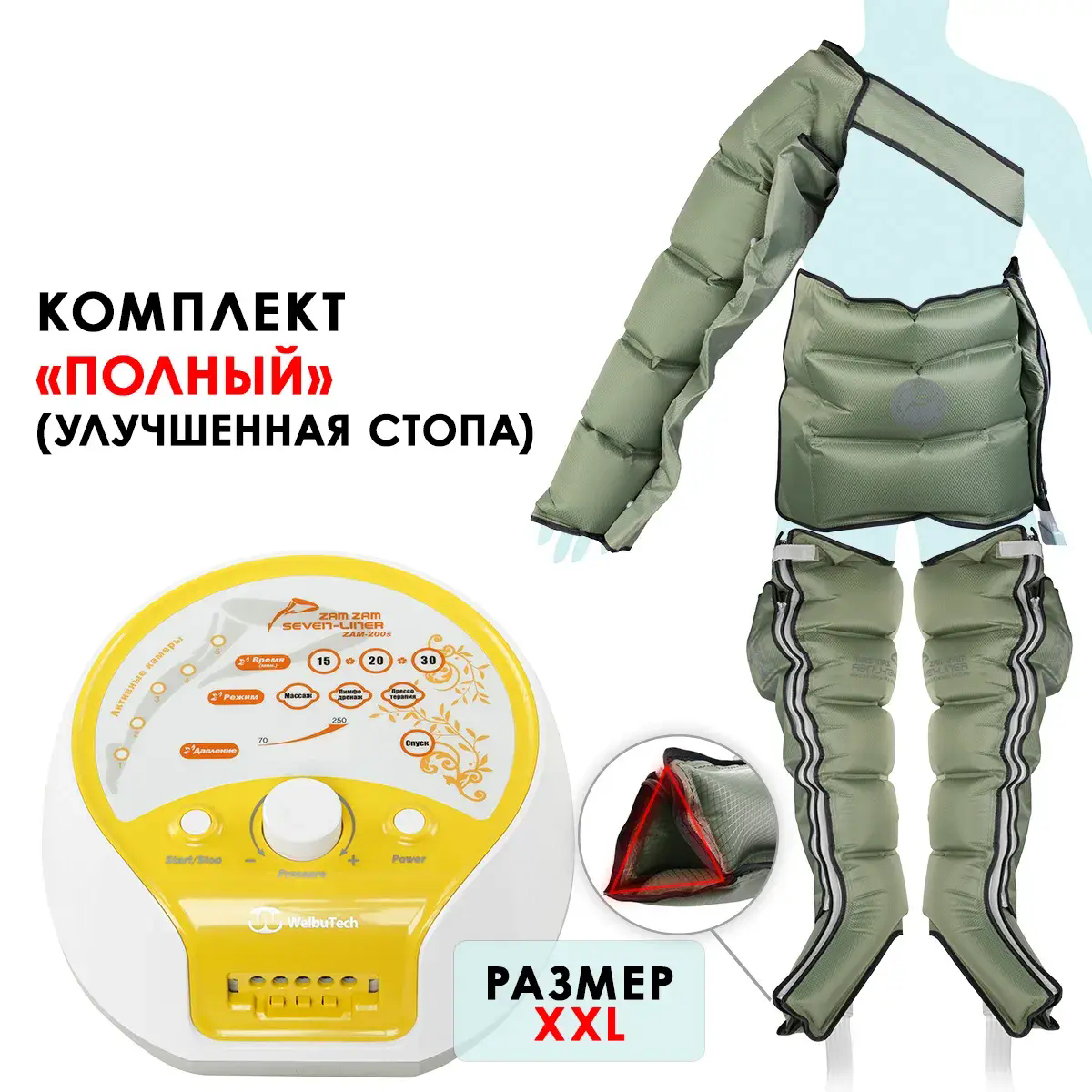 WelbuTech Seven Liner Zam-200 Аппарат для лимфодренажа, прессотерапии, массажа (полный комплект), размер XXL