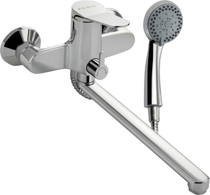 FABIA 9673 Смеситель в ванную с длинным, плоским изливом, шаровый, с дивертором м/к на корпусе, хромированный.