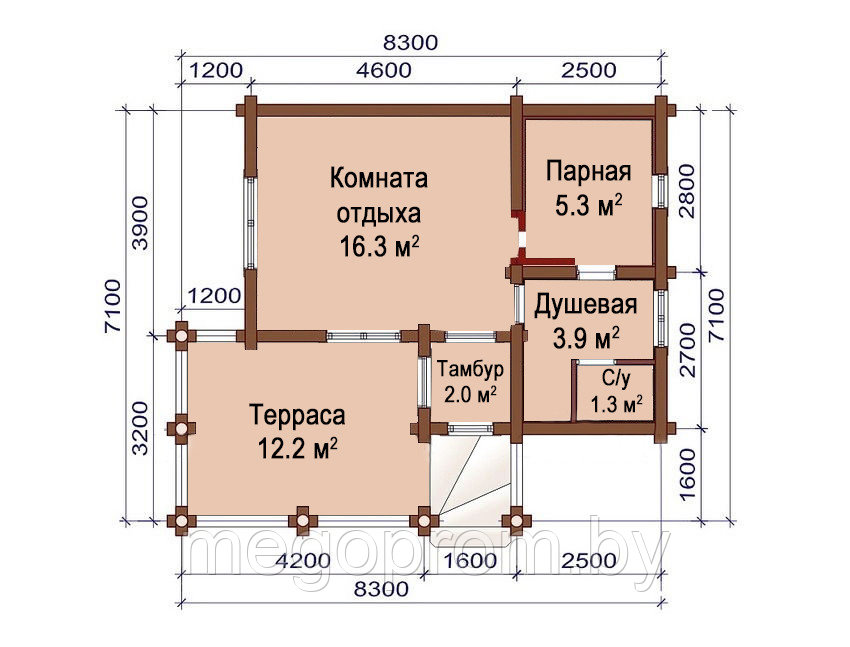 Баня из бревна 8.3х7.1 ОБ8 - фото 5 - id-p34624684