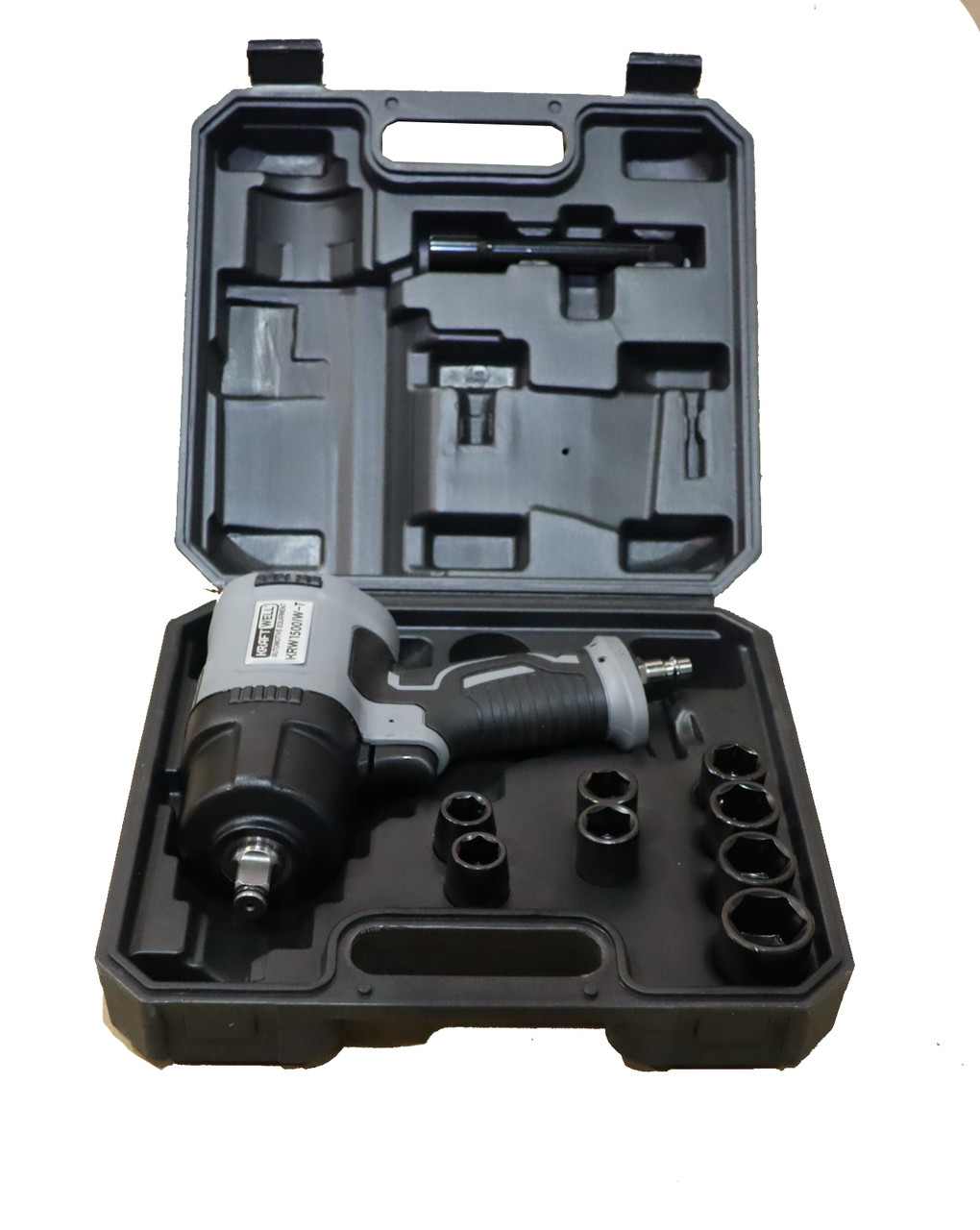 KraftWell KRW1500IW-T Гайковерт пневматический ударный 1/2" с комплектом ударных головок, 1500 Нм