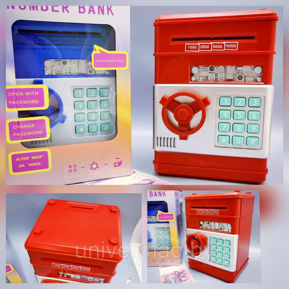 Электронная Копилка сейф Number Bank с купюроприемником и кодовым замком (звук) Красно-черный - фото 10 - id-p234778949