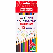 Карандаши цветные ПИФАГОР 12 цветов с пластиковым шестигранным корпусом