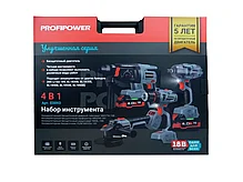 Набор аккумуляторных инструментов ProfiPower (УШМ, шуруповерт, гайковерт, перфоратор, 2 АКБ 4 А/ч) E0093, фото 3