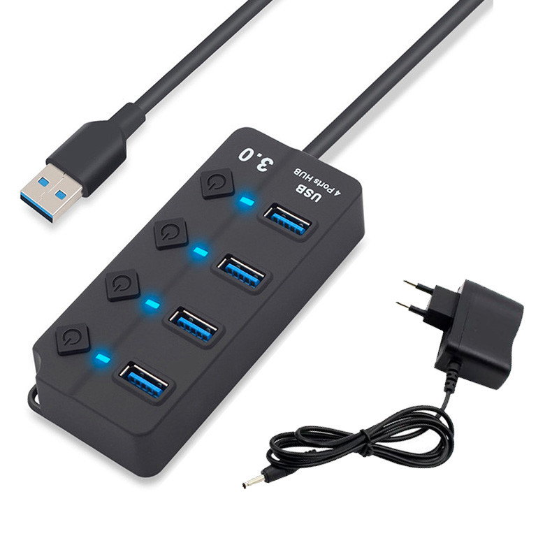 Хаб - концентратор USB3.0 - 4х USB3.0, MOD01 вертикальный с кнопками, активный, черный 556945