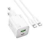 Сетевое зарядное устройство HOCO N41 USB + Type-C QC3.0 + PD20W + кабель Type-C -Type-C, Белый
