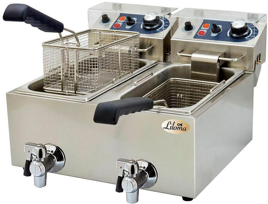 Фритюрница LILOMA FLT 8+8 с краном (570x500x340 мм, 220В, 3+3 кВт, 8+8 литров, 60-200°С, пластиковая крышка)