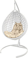 Подвесное кресло Malibu Люкс с ротангом белое, бежевая подушка