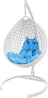 Подвесное кресло Malibu Люкс с ротангом белое, голубая подушка