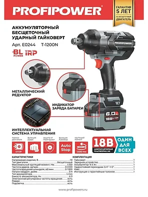 Гайковерт аккумуляторный бесщеточный ProfiPower T-1200N (1200 Нм, 1 АКБ 6 А/ч, кейс) E0244, фото 2
