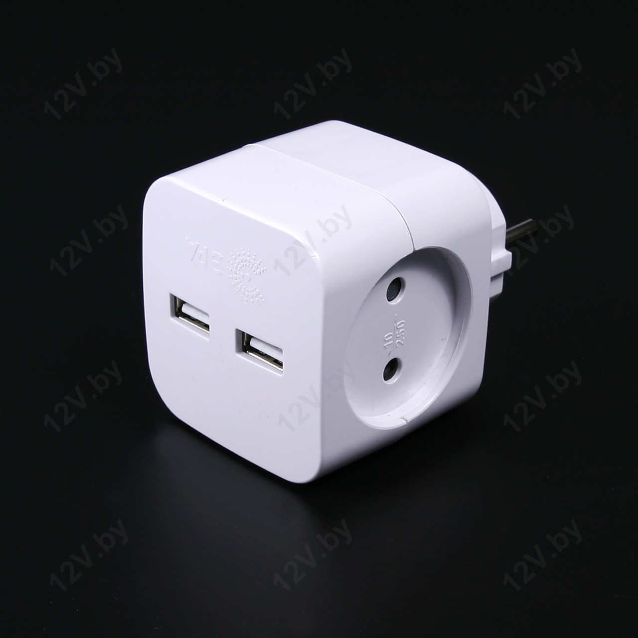 Разветвитель на 2 розетки 220V + 2xUSB 2400mA, 10А, белый