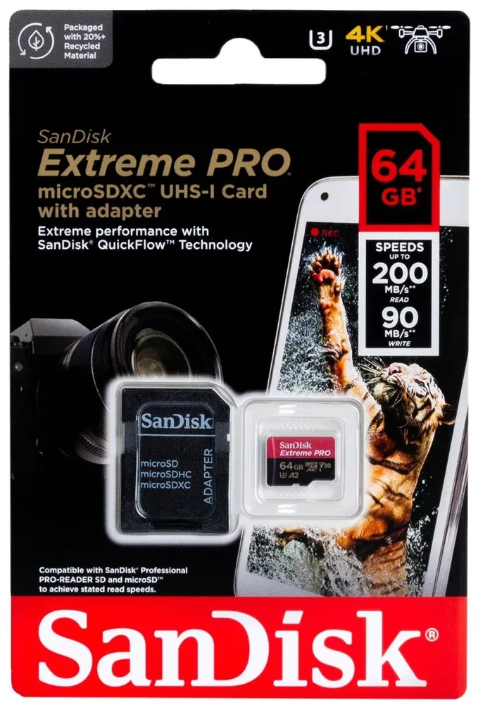 Карта памяти MicroSD 64GB - SanDisk Extreme PRO, Class10 UHS-I (U3) A2 V30, 200/90 Mb/s, с адаптером в SD
