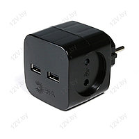 Разветвитель на 2 розетки 220V + 2xUSB 2400mA, 10А, чёрный