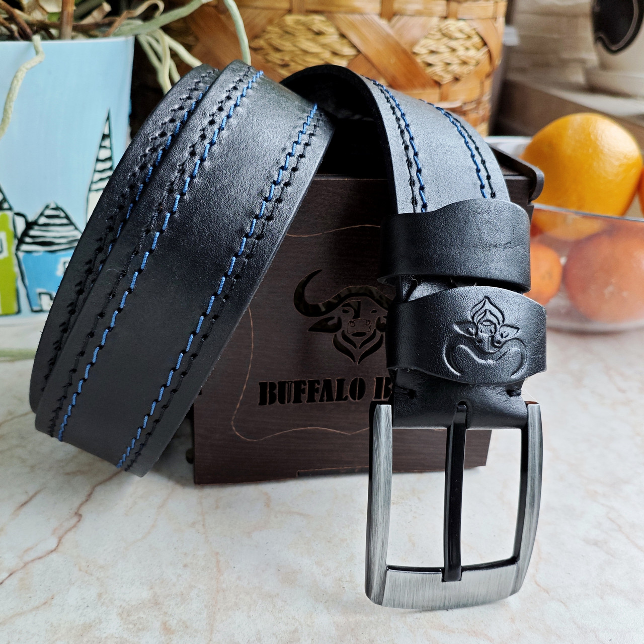 Кожаный ремень 4,5см BUFFALO BELTS черный (цветная прошивка)