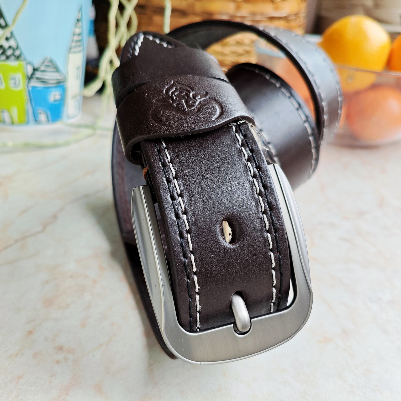Кожаный ремень 4,5см BUFFALO BELTS коричневый (цветная прошивка)