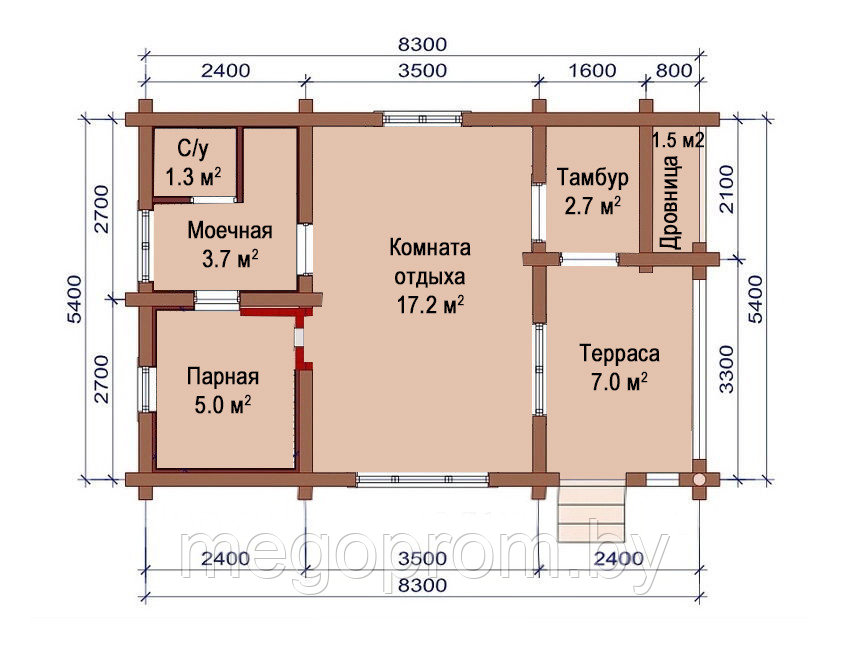 Баня из бревна 5,4х8,3 ОБ33 - фото 2 - id-p34678834