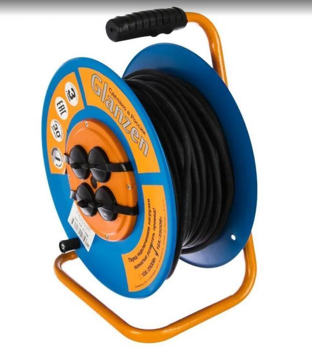 Сетевой удлинитель электрический на катушке 50 метров GLANZEN EB-30-009 с заземлением 4 розетки переноска