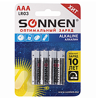 Батарейки КОМПЛЕКТ 4 шт., SONNEN Alkaline, AAA (LR03, 24А), алкалиновые, мизинчиковые, в блистере
