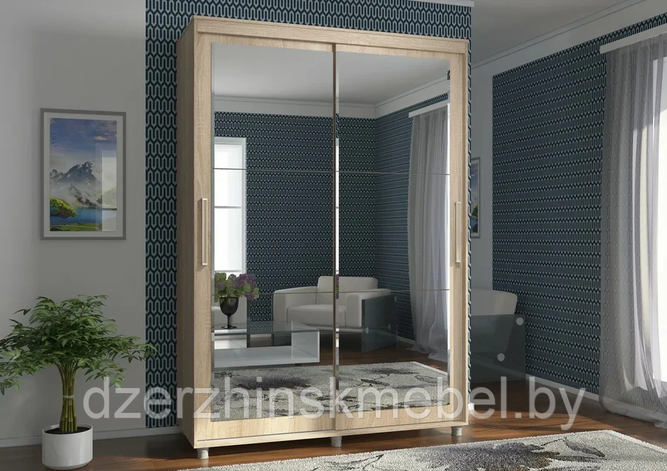 Шкаф-купе Комфорт-12 Прайм 1,5м (с прямоугольным зеркалом) Дуб сонома светлый