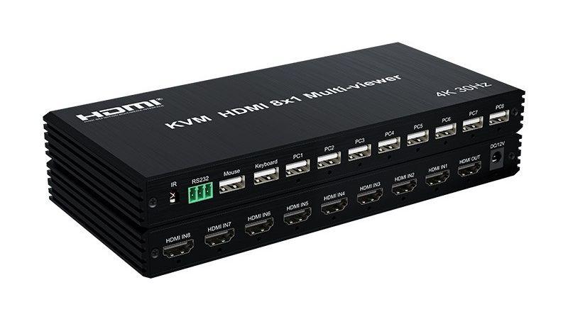 KVM-переключатель 8-ми портовый HDMI 4K USB с функцией делителя экрана, RS232, пульт ДУ, черный 559174