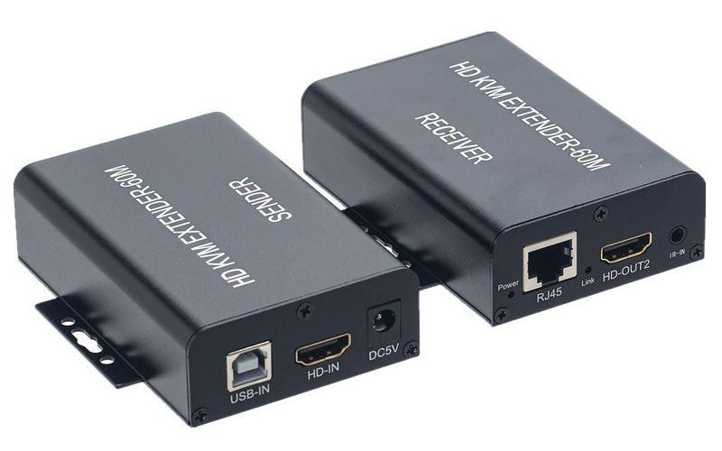 KVM-удлинитель HDMI USB по витой паре RJ45 UTP (LAN) до 60 метров, FullHD 1080p, комплект, с креплениями,