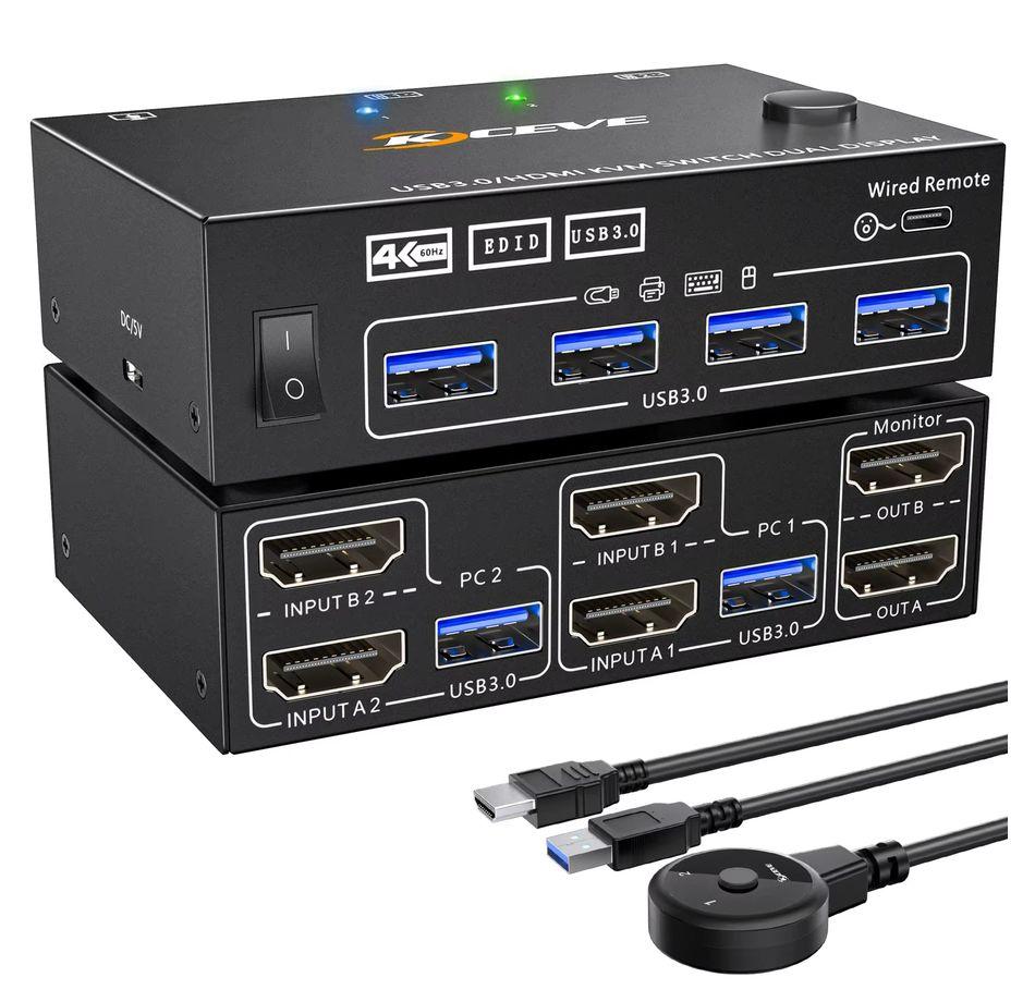 KVM-переключатель 2х2 HDMI 2.0 4K60Гц USB3.0, для двух мониторов, удлинитель кнопки переключения 1.5м, черный, фото 1