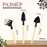 Набор садового инструмента для комнатных растений, 3 предмета: грабли, 2 лопатки, длина 24 см, деревянные, фото 6