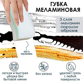 Губка меламиновая для удаления пятен «Тройной эффект», 3 слоя: меламин, поролон, абразив, 11×7×3 см