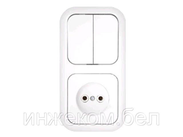 Блок выкл. 2 клав. + розетка (скрытая, б/з) белая, Гармония, BYLECTRICA